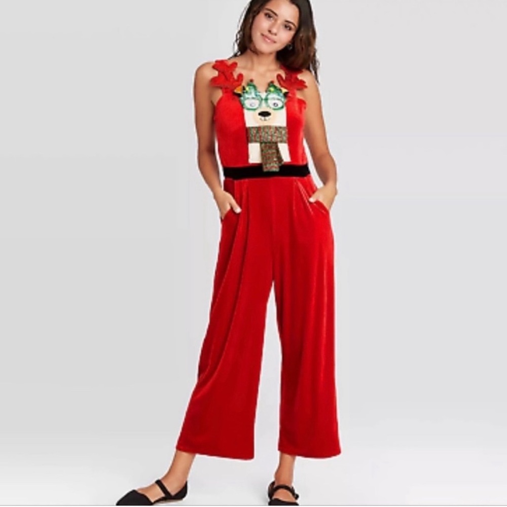 Chic Festive Red Reindeer Jumpsuit